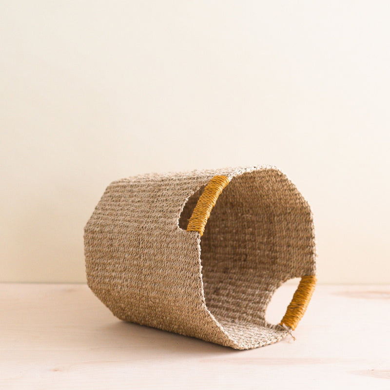 Natural Octagon Basket with Mustard Handle - Handwoven Bin | LIKHÂ by LIKHÂ