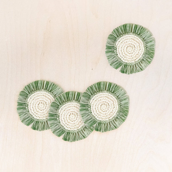 Sage Raffia Round Crochet Coasters with Fringe, set of 4 | LIKHA by LIKHÂ