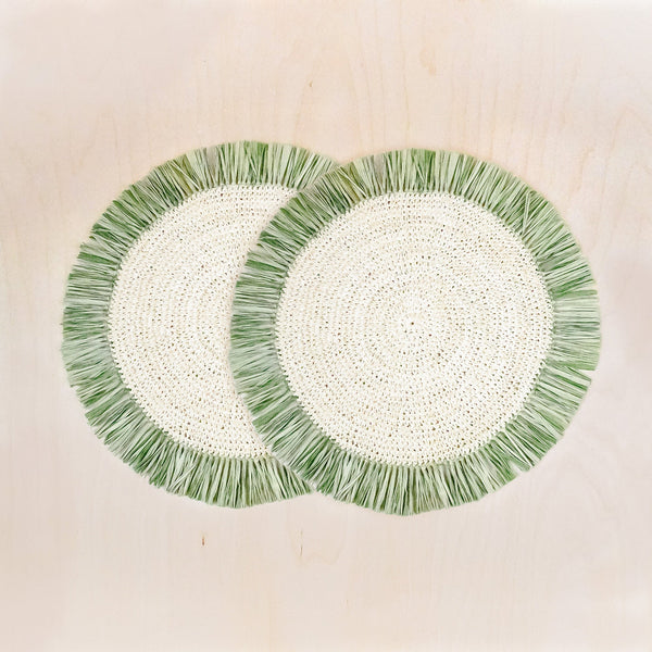 Sage Raffia Round Placemat with Fringe - Woven Placemats | LIKHA by LIKHÂ